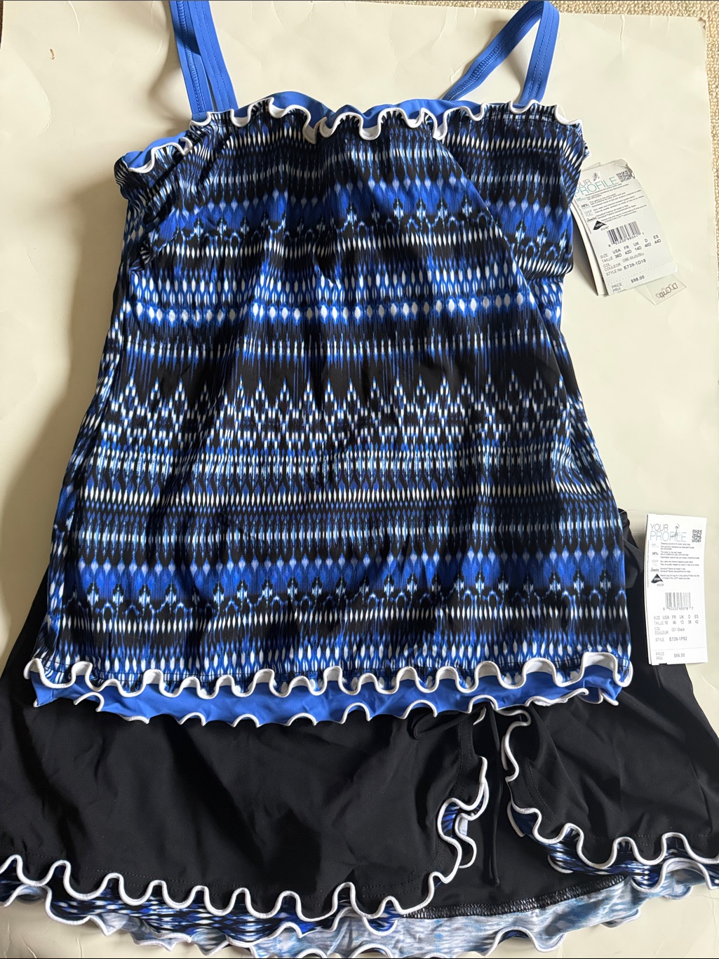 Womenâs Blue Patterned Swim Tankini Top With Black Ruffle Skirt